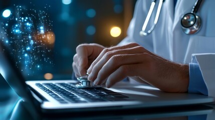 A doctor is typing on a laptop computer with a stethoscope on the screen