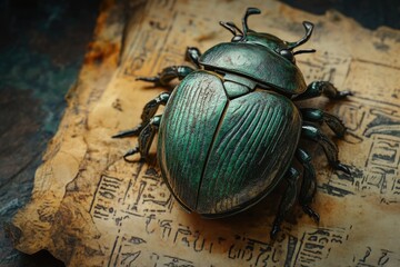 A beautifully detailed, iridescent green scarab beetle rests atop aged Egyptian papyrus filled with ancient hieroglyphs. 