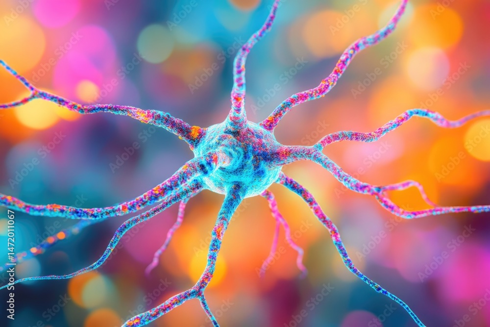 Poster a vibrant and detailed microscopic illustration of a neuron, highlighting its intricate branching st