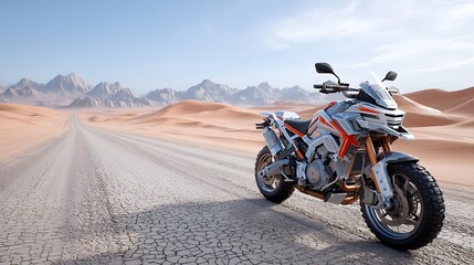 Obraz premium Adventure Motorcycle on Desert Road Majestic Mountain Landscape