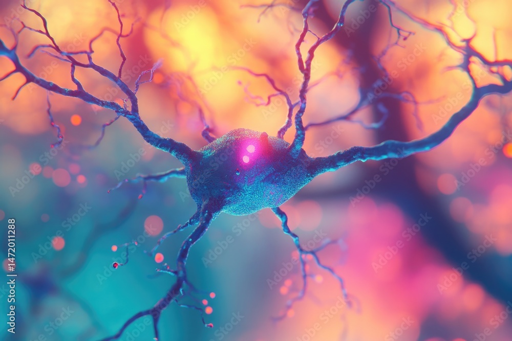 Poster a vibrant, close-up visualization of a neuron, its dendrites and axon branching out against a colorf