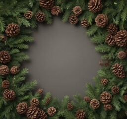 Fototapeta premium Densely packed fir boughs and textured pine cones create a festive Christmas border , design element, pattern, traditional