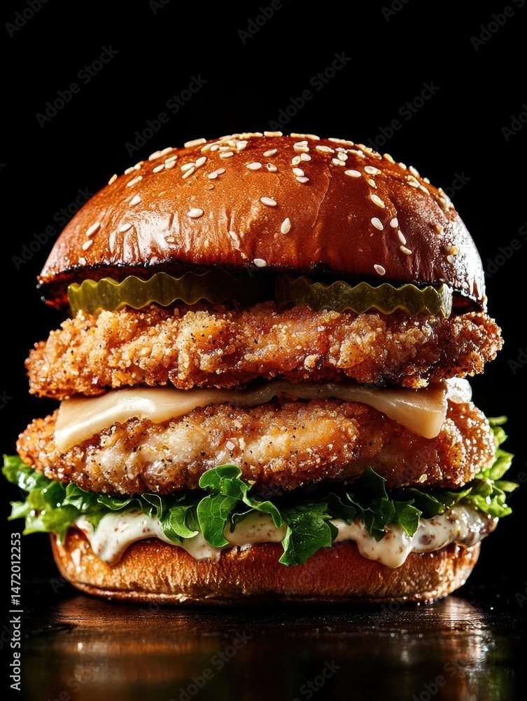 Poster the image is of a large burger with a sesame seed bun. the burger is made up of three layers, with t