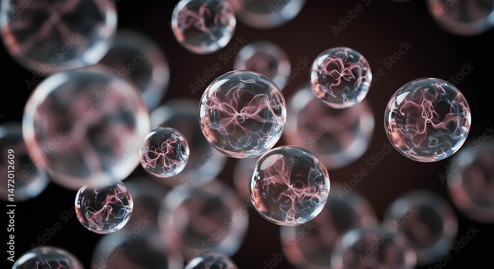 Poster captivating arrangement of translucent spheres with intricate internal networks, evocative of cellul