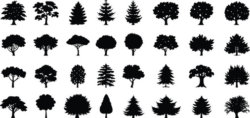 Fototapeta premium Various deciduous tree silhouettes on white background. vector set. PNG on white background