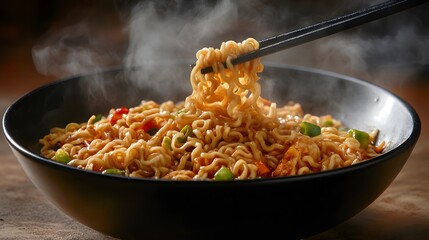Gourmet Noodle Dish in Matte Black Bowl with Chopsticks