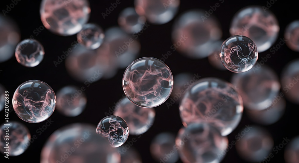 Poster abstract spheres with internal pink patterns floating against a stark black backdrop offering a visu