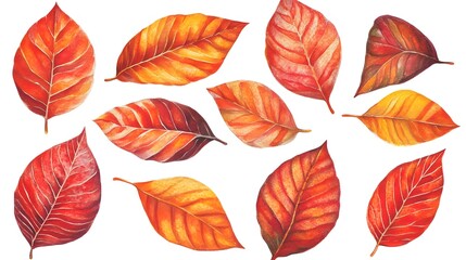 Fototapeta premium Autumn Watercolor Leaves Collection Red Orange Yellow Fall Foliage