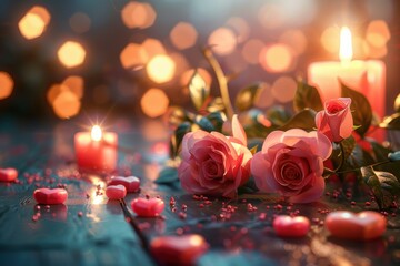 Pink roses, glowing candles, and scattered heart-shaped decorations create a romantic and intimate mood on a dimly lit table.
