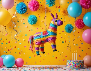 colorful piñata floating mid-air with party decorations against festive background, festive birthday or party celebration scene