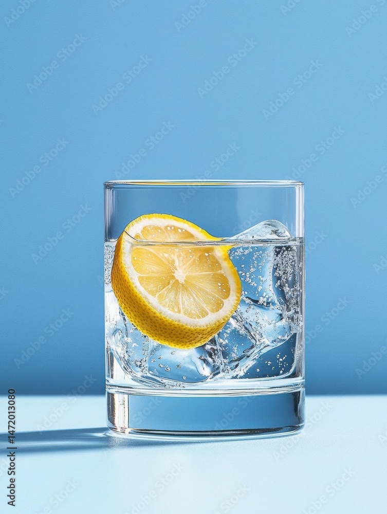 Poster close-up of a glass of water with a slice of lemon on top. the glass is filled with clear water and 