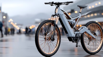 Fototapeta premium Sleek Electric Mountain Bike on City Street Modern E bike Design Urban Cycling