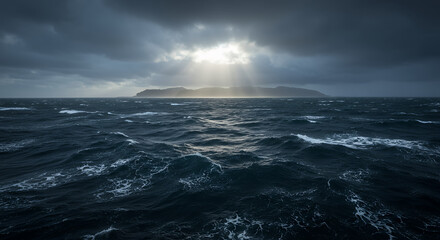 Moody Ocean: Sun Rays Break Through Stormy Skies, A Powerful Seascape with Dramatic Clouds and Waves