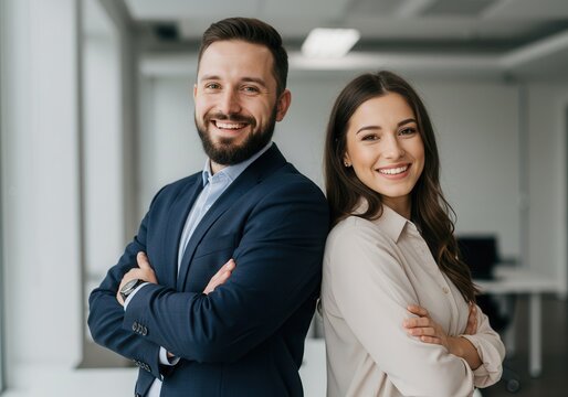 Smiling man and woman stand back to back with arms crossed in modern office