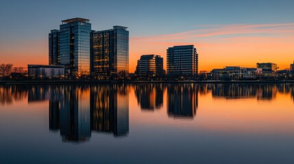 Fototapeta premium City skyline reflected in tranquil water at sunset.