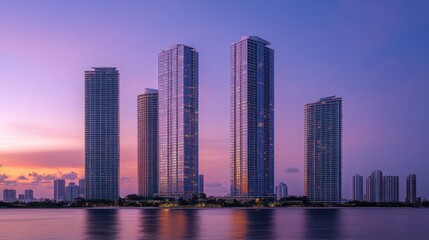 Fototapeta premium Sunset cityscape view of tall buildings by the water.