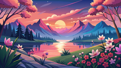 Fototapeta premium Beautiful sunset view over a lake surrounded by blooming pink flowers and mountains in the distance Very beautiful