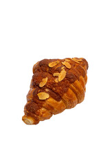 A perfectly golden-brown almond croissant, generously topped with flaked almonds and a sweet, caramelized crust, isolated on white.
