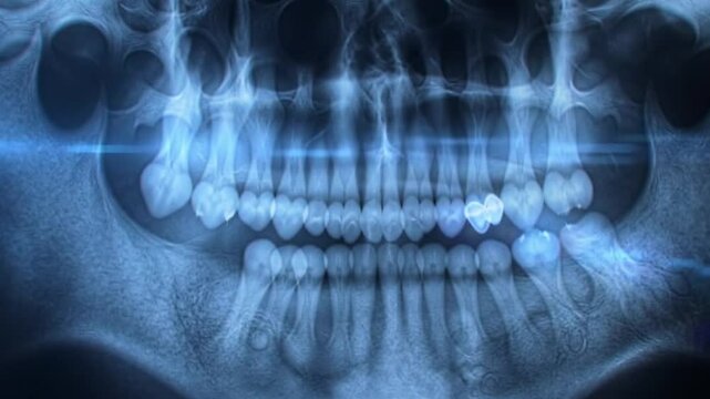Malocclusion shown in a dental xray suitable for orthodontic publications, dentistry textbooks, educational materials, dental websites, and medical presentations.