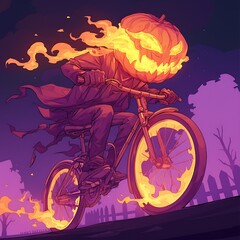 Fototapeta premium Glowing pumpkin riding bike halloween illustration