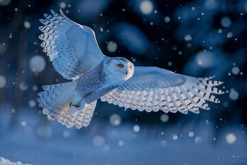 Snowy Owl in Mid-Flight Through Snowfall