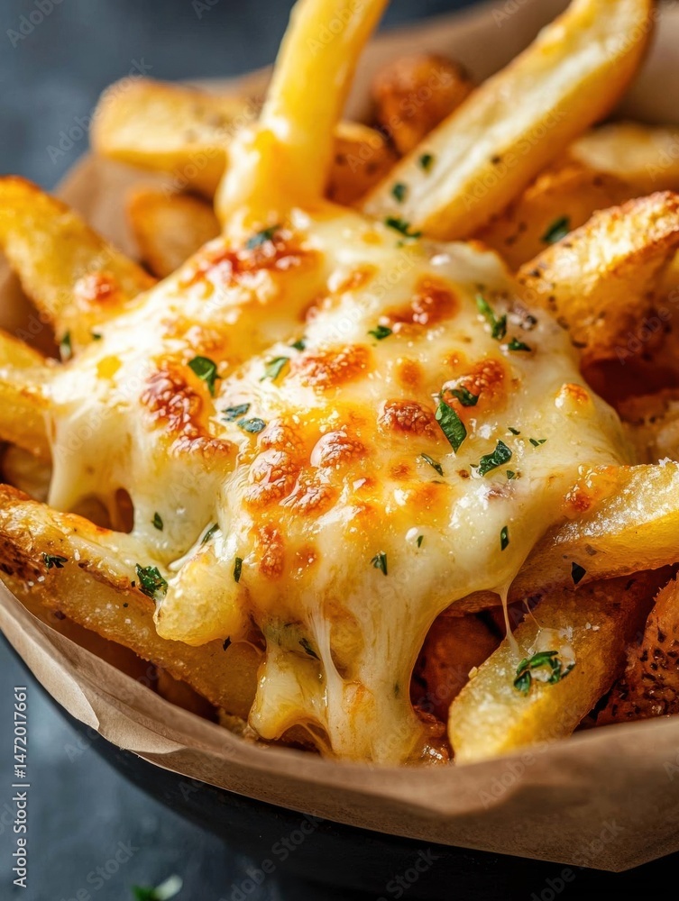 Poster close-up of a basket of french fries. the fries are golden brown and appear to be freshly cooked. th