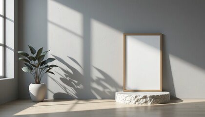 Modern Minimalist Interior with Frame and Plant on Marble Pedestal