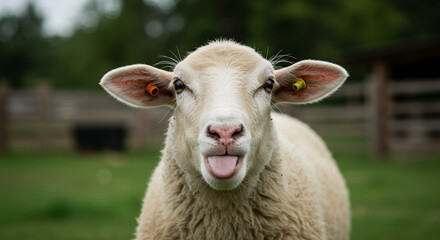 Fototapeta premium Cheeky Sheep Sticking Out Tongue: Funny Farm Animal Portrait with Cute Lamb in Meadow - Nature Photography