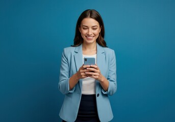 Fototapeta premium Smiling woman in blazer using smartphone against blue background