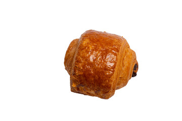 A glossy, golden-brown pain au chocolat, filled with dark chocolate, is isolated against a stark white background.