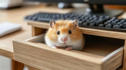 Obraz premium Cute Hamster in Wooden Drawer