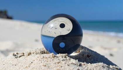 Obraz premium 砂浜に置かれた球体の陰陽道マーク。AIで生成