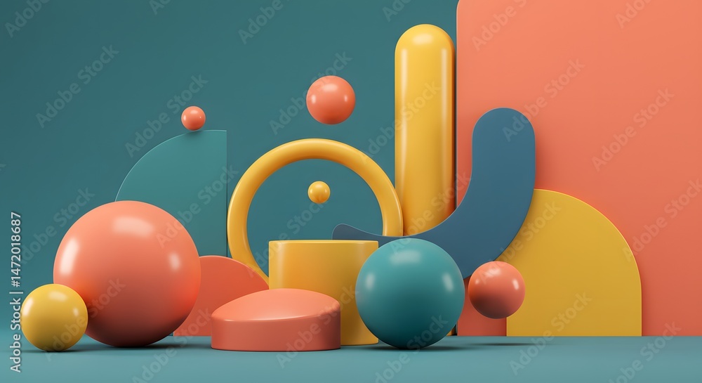 Poster whimsical arrangement of geometric shapes in muted tones creates a playful and abstract scene perfec