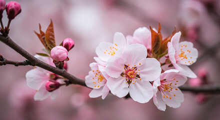 Cherry Blossom Beauty: Close-Up of Pink Flowers & Buds in Spring. Capture Spring's Magic!