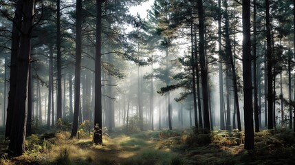 Fototapeta premium serene pine forest covered in morning fog. Tall trees fade into the mist, soft rays of sunlight peek through the branches, and the forest floor is damp and peaceful 