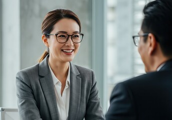 Smiling asian businesswoman in glasses talking with colleague at the office