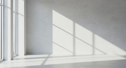 Obraz premium Minimalist White Room: Sunlight, Shadow & Modern Architecture Interior. Abstract Concrete Texture Background for Design, Render, Wall Mockup.