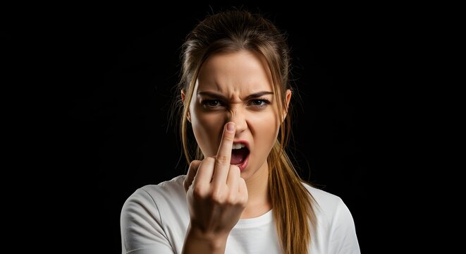 Annoyed Woman Showing Offensive Gesture on Black Background
