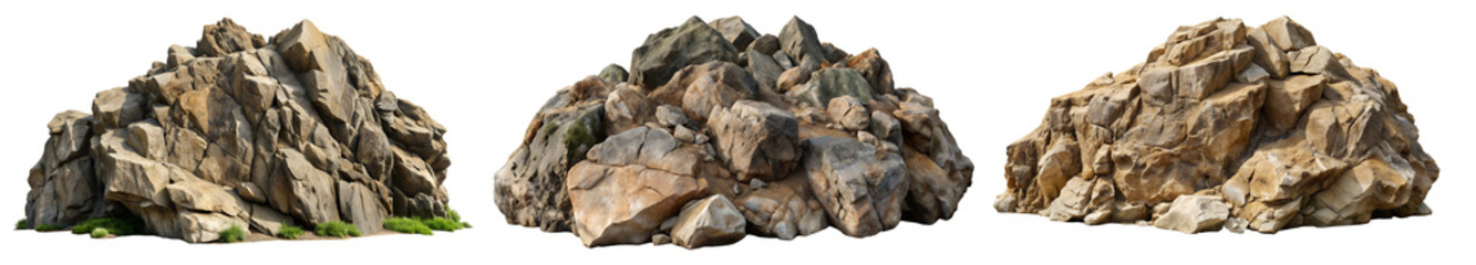 Rock stones isolated on white background,Brown Rock Cliff with rough texture surface,Natural stone formation located part of the mountain,Broken Edge of a Chunk of Rock Sea