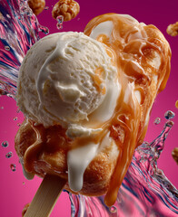 Delightful frozen treat topped with creamy ice cream and caramel sauce amidst a splash of vibrant colors