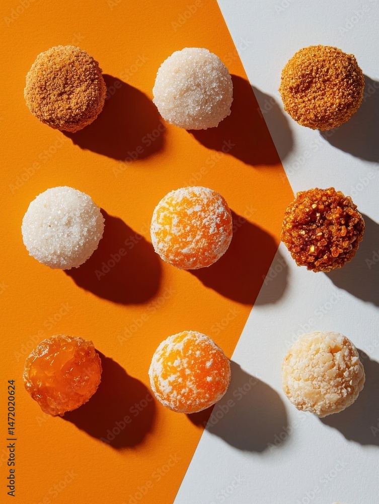 Poster group of nine balls arranged in a diagonal line on an orange and white background. the balls are of 