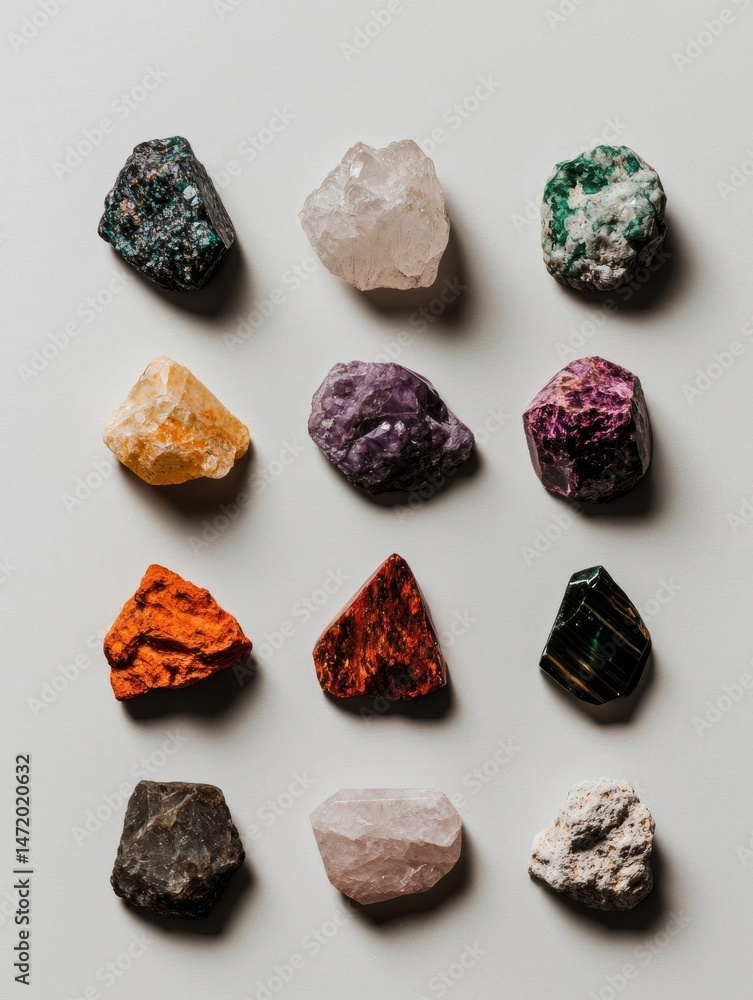 Poster collection of nine different types of crystals arranged in a grid-like pattern on a white background