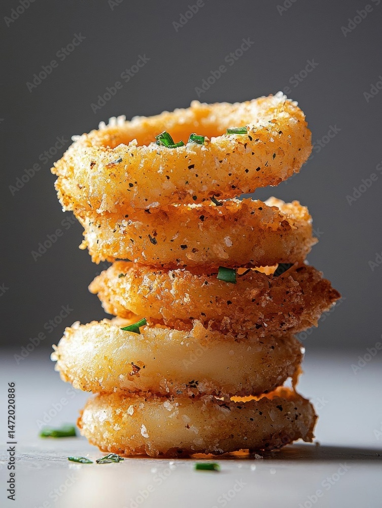Poster stack of four onion rings. the rings are golden brown and appear to be crispy on the outside. they a
