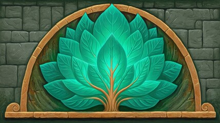Teal Leaf Tree Stone Carving in Arch