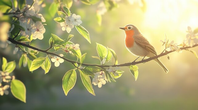 A sunlit tree branch with blooming flowers, a close up of a big robin perched mid-song, 
