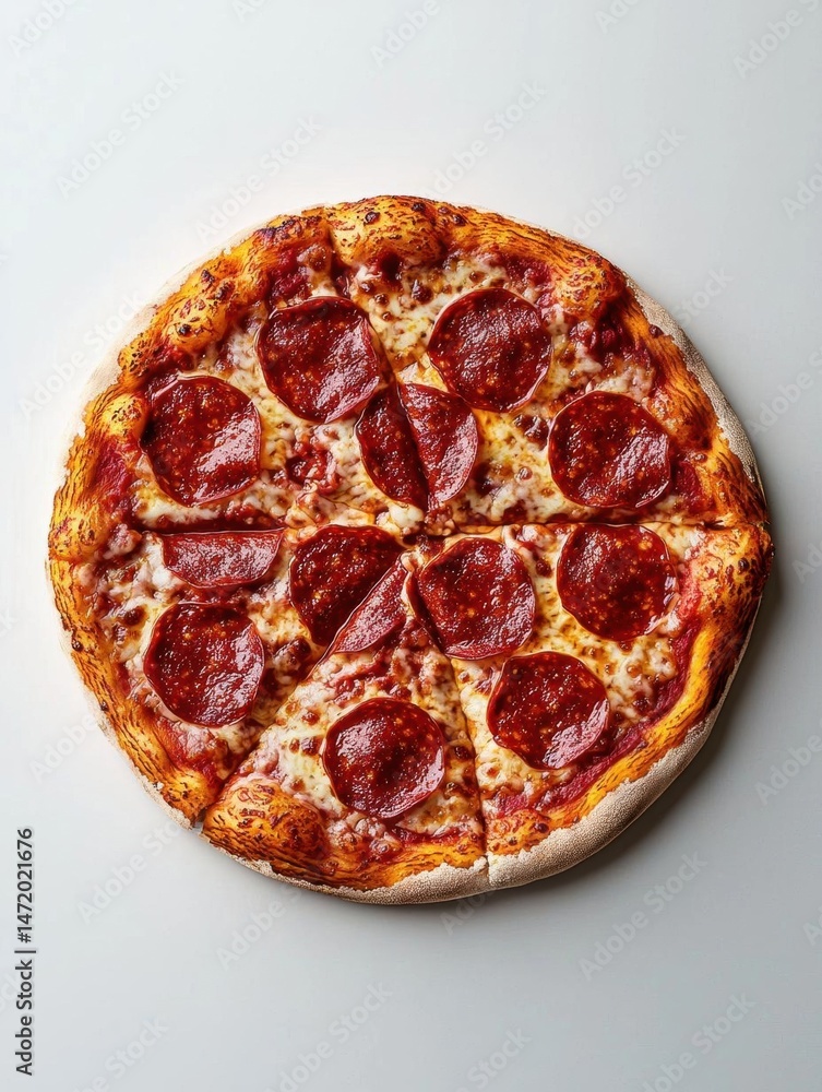 Poster close-up of a pepperoni pizza. the pizza is round and has a golden-brown crust. it is topped with th