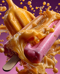 Colorful ice cream pops collide with a cascade of caramel syrup in a playful dessert explosion filled with vibrancy