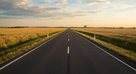 Fototapeta premium Golden Road: Scenic Drive Through Wheat Fields at Sunset - Serene Countryside Landscape