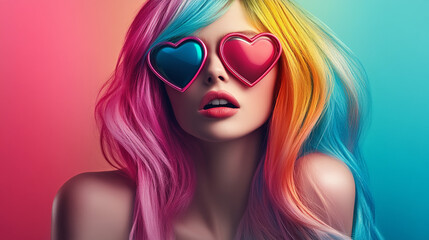 Colorful Hair  Rainbow Locks  Heart Sunglasses  Fashion Beauty Portrait