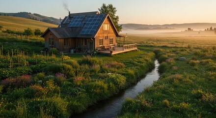 Rustic home nestled in a sun-drenched meadow.  Solar panels adorn the roof